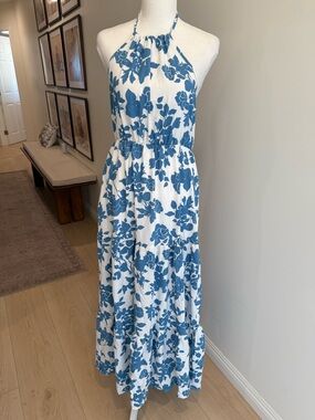 SHEIN White Maxi Dress with Blue Floral Print